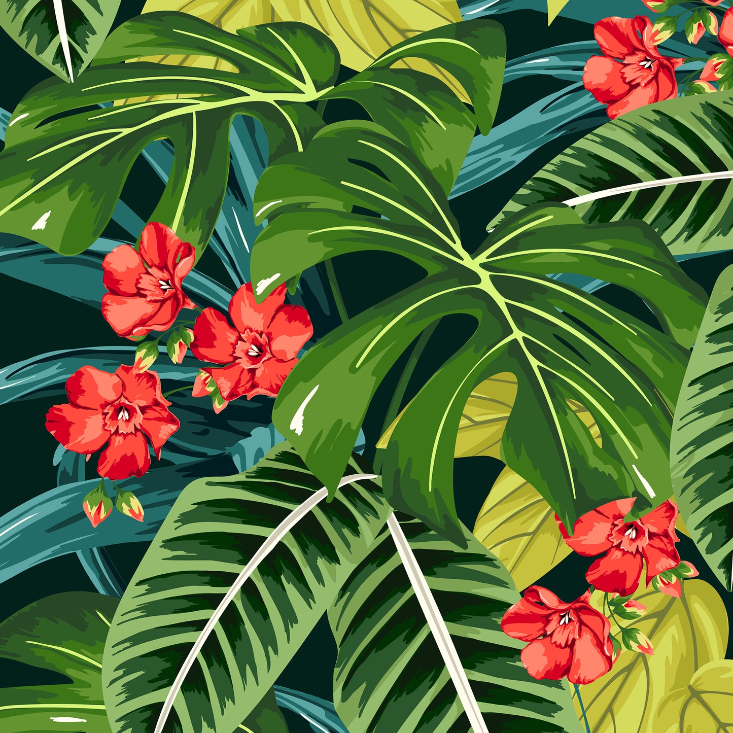 Detail view of Solana Scarlet mini tropical print - jungle foliage in green tones with striking scarlet flowers on dark green