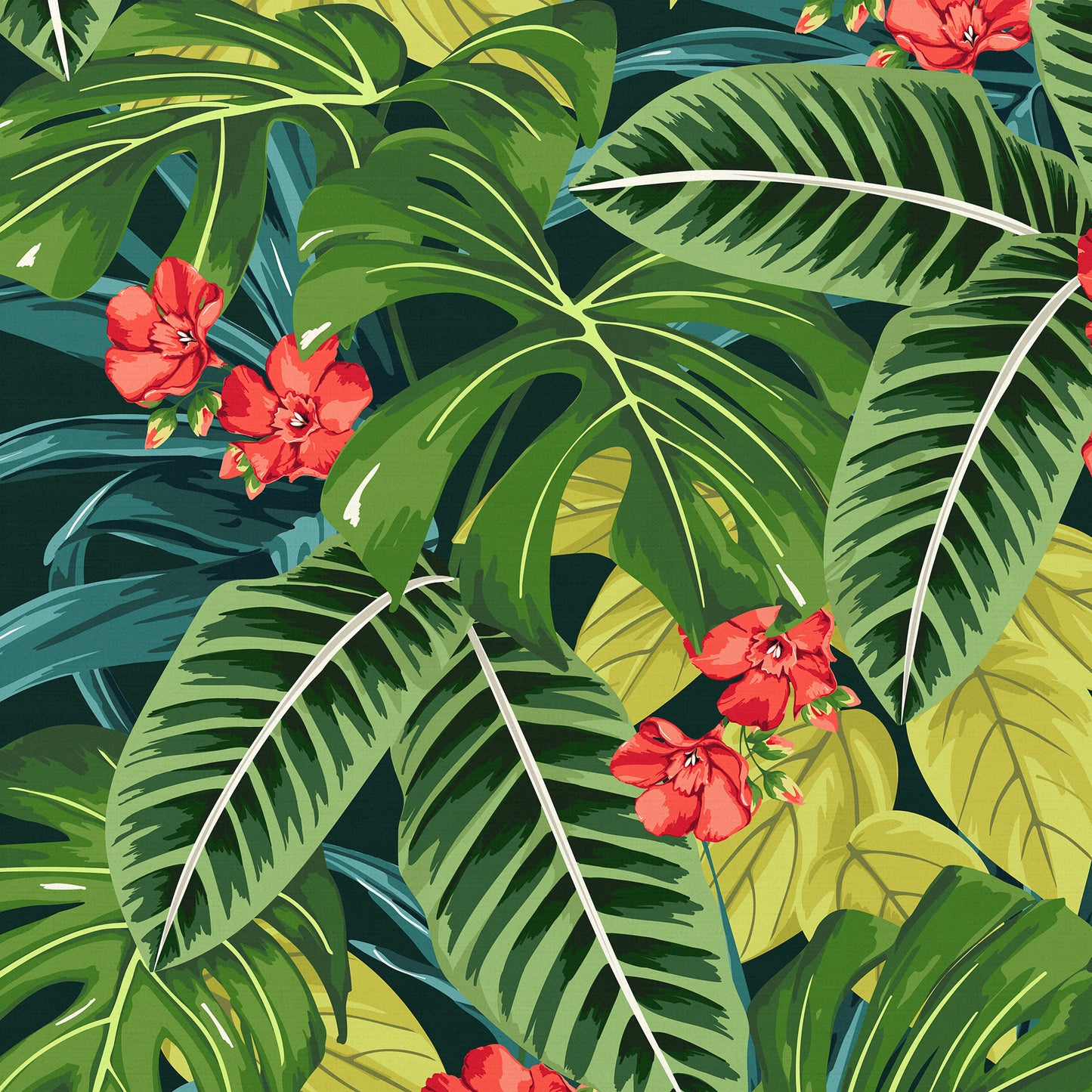 Detail view of Solana Scarlet tropical print - jungle foliage in green tones with striking scarlet flowers on dark green