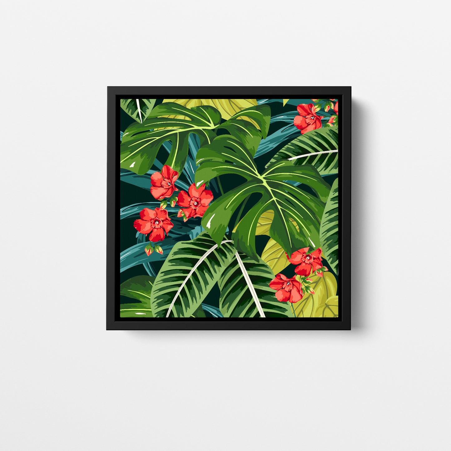 Solana Scarlet mini tropical wall art - vibrant jungle foliage with bright scarlet flowers on dark green background, framed print front view