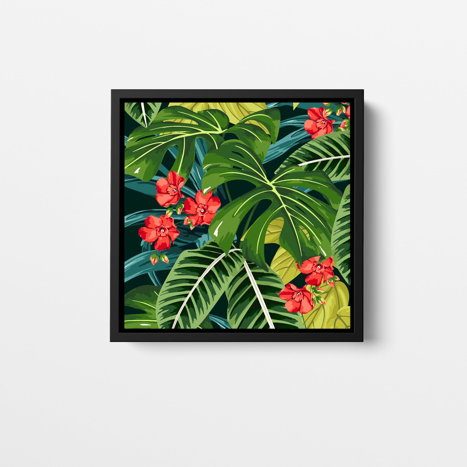 Solana Scarlet mini tropical wall art - vibrant jungle foliage with bright scarlet flowers on dark green background, framed print front view
