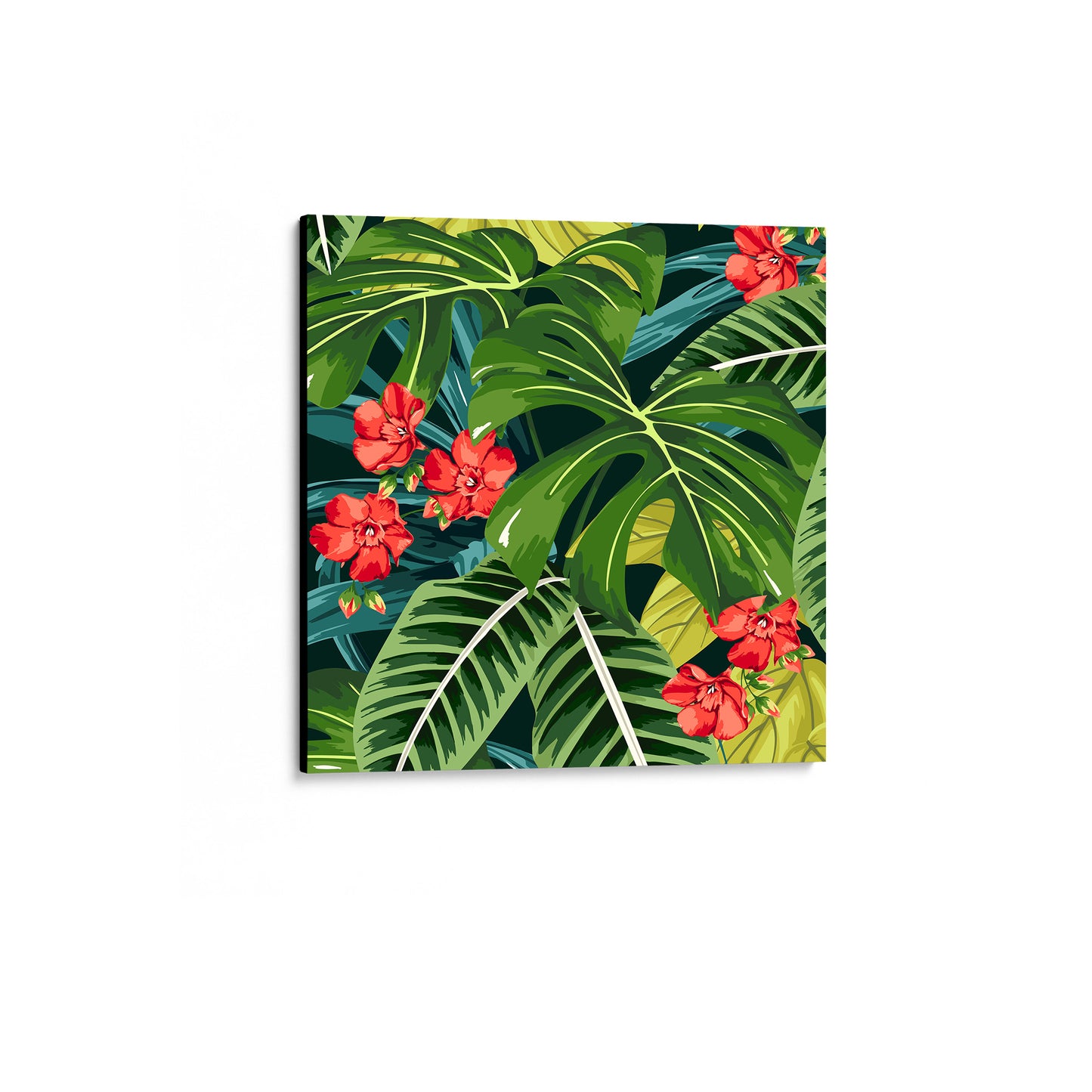 Solana Scarlet mini tropical wall art angled view showing a canvas with lush monstera leaves and palm fronds with scarlet floral accents