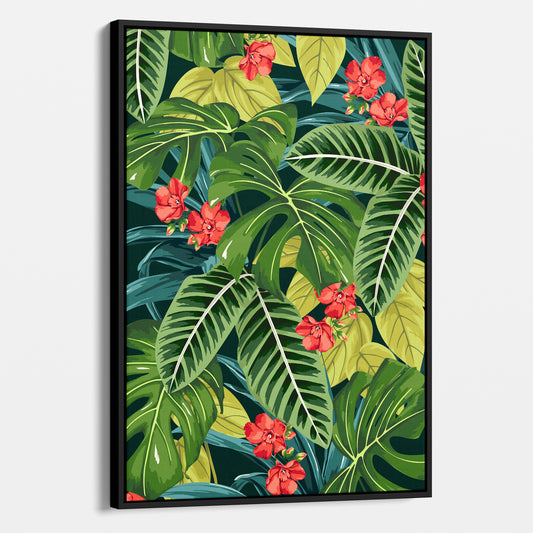 Solana Scarlet tropical wall art angled view showing frame depth - lush monstera leaves and palm fronds with Scarlet floral accents