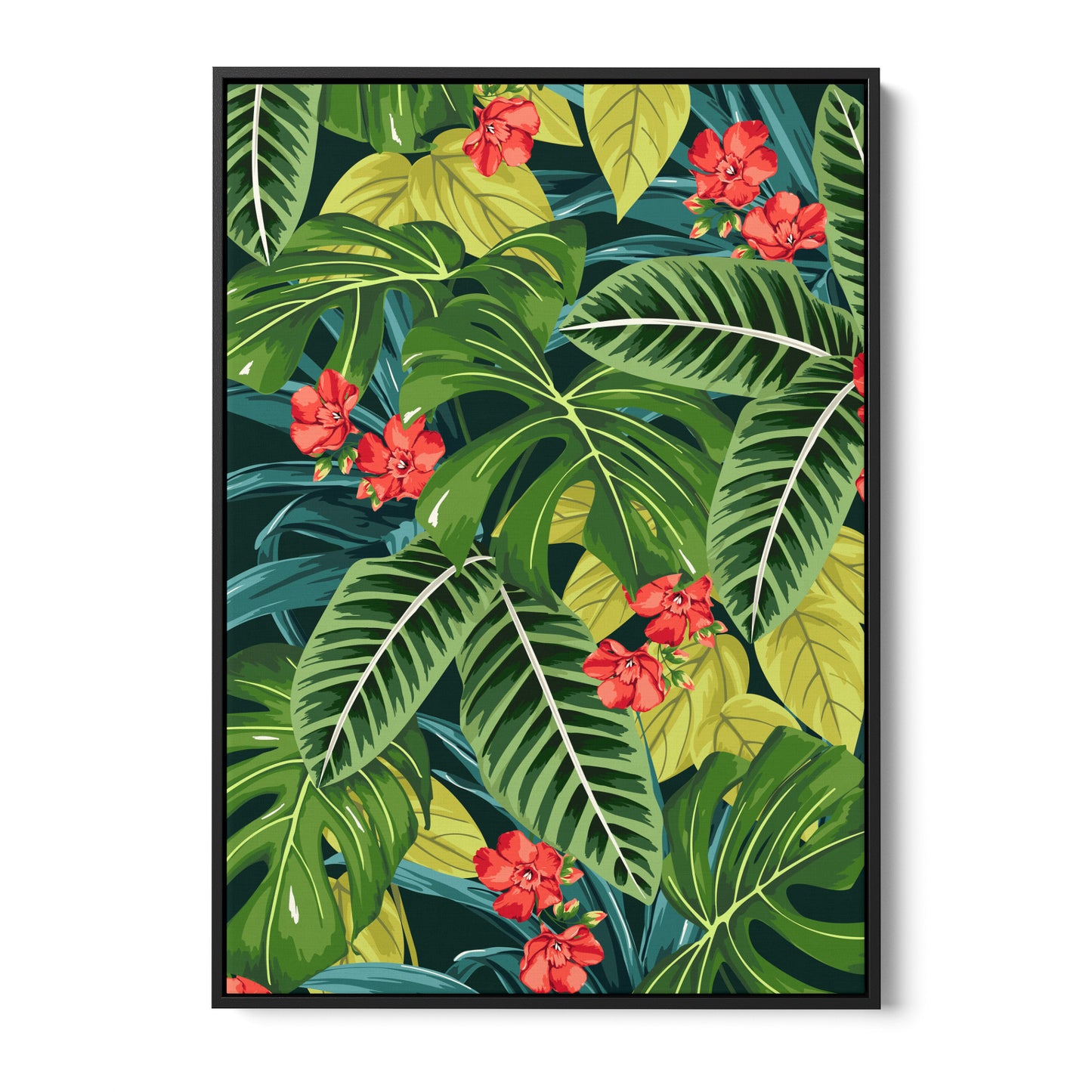 Solana Scarlet tropical wall art - vibrant jungle foliage with bright scarlet flowers on dark green background, framed print front view