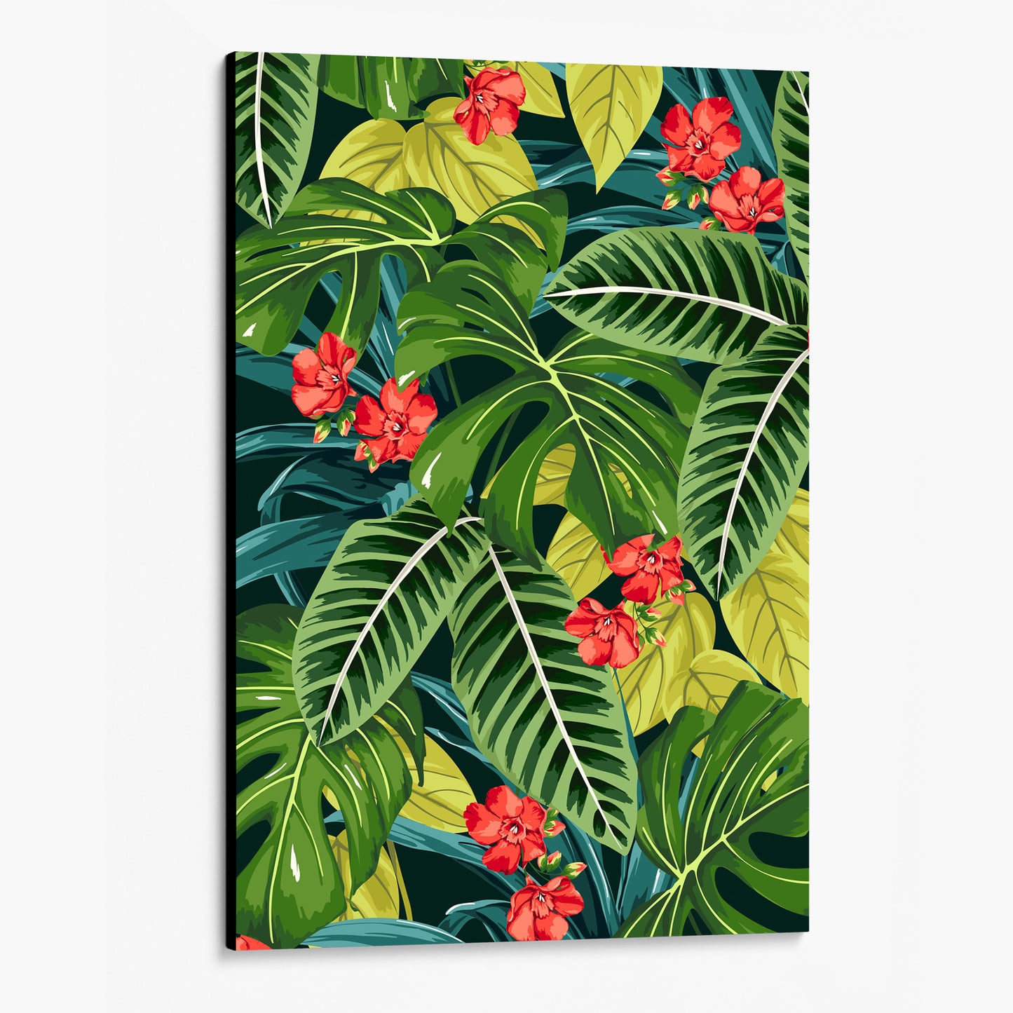Solana Scarlet tropical wall art angled view showing a canvas with lush monstera leaves and palm fronds with scarlet floral accents