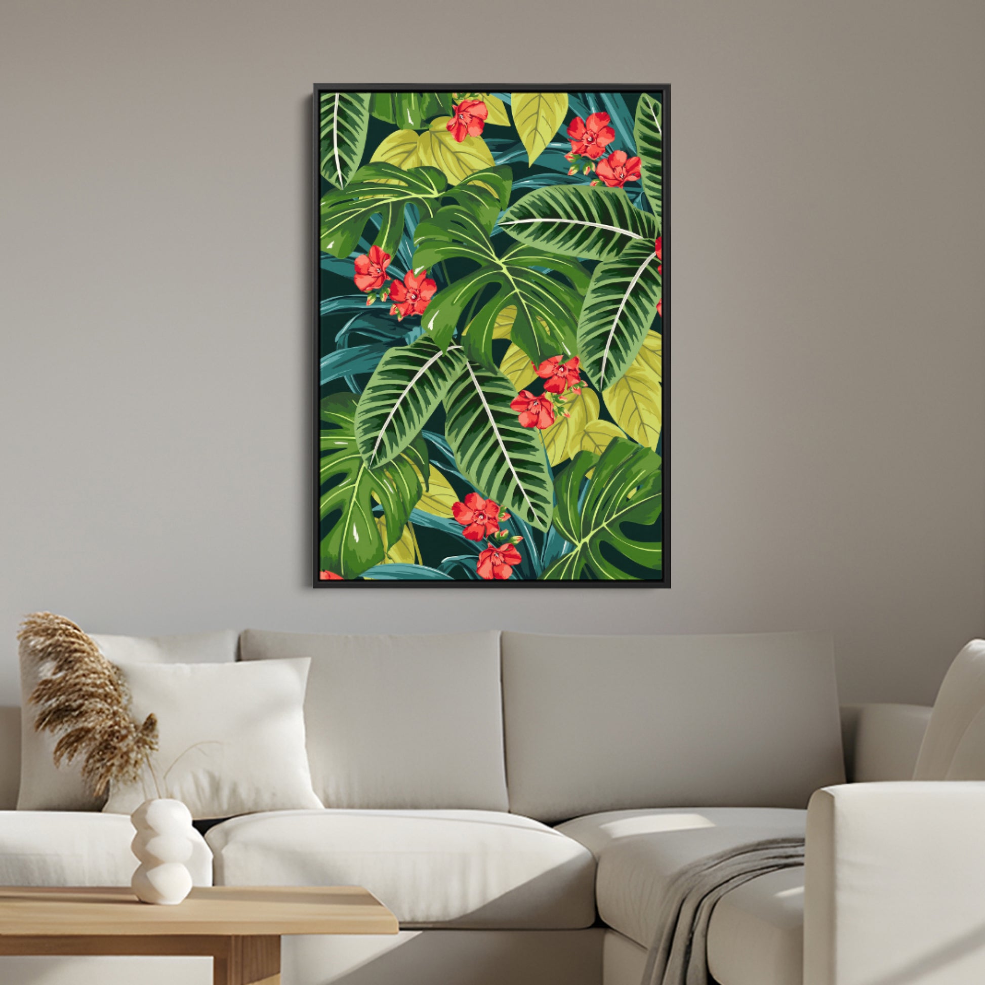 Sofia Scarlet canvas print  on a living room wall above a beige sofa.
