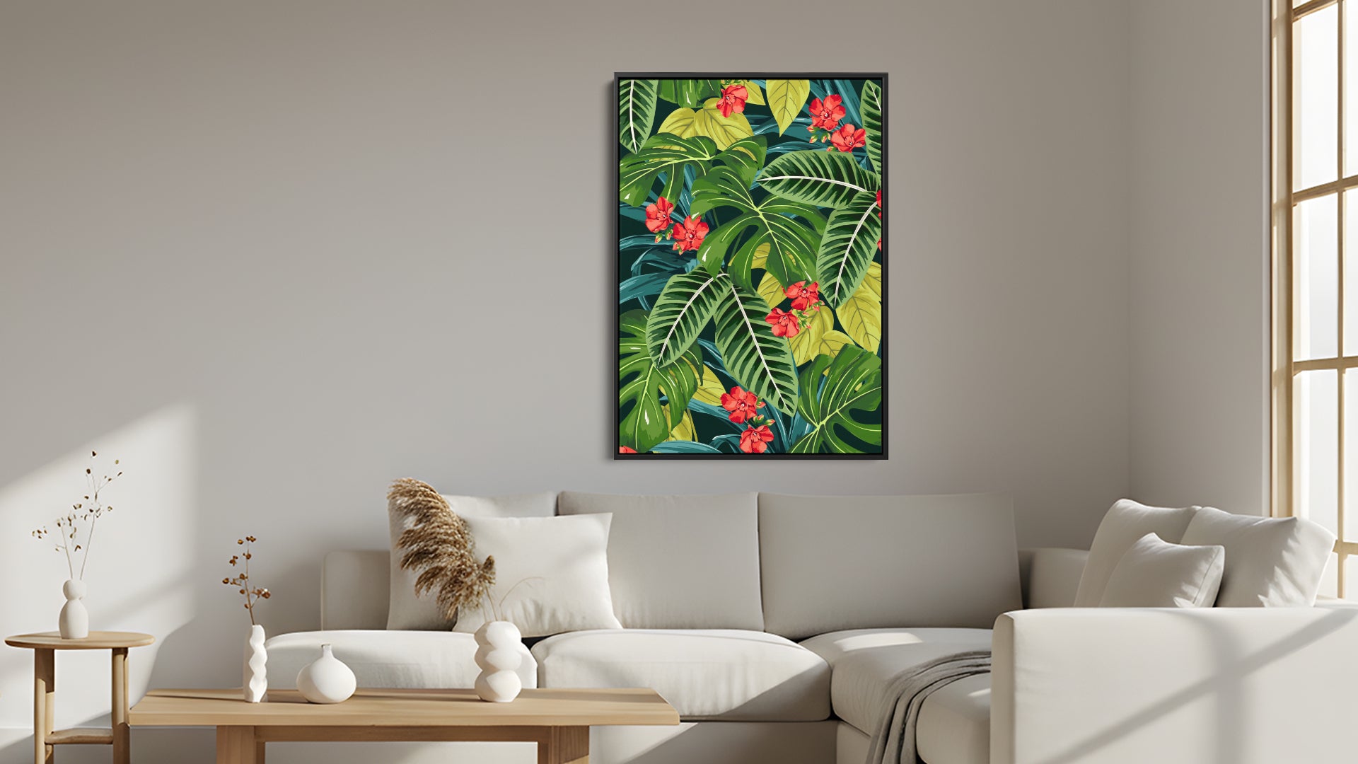 Solana Scarlet tropical wall art in modern room setting - exotic jungle pattern creating vibrant botanical statement for home decor