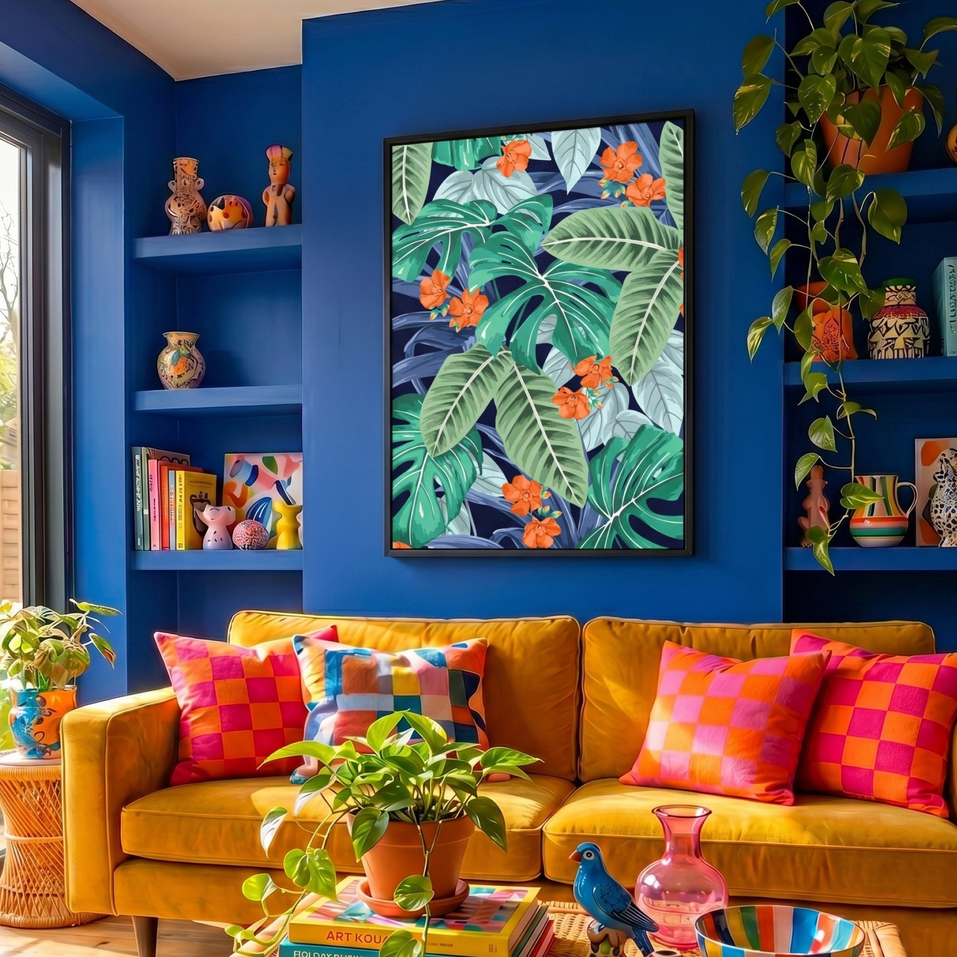 Living room with a yellow sofa, colorful pillows, and a Sofia Orange canvas print on a blue wall.