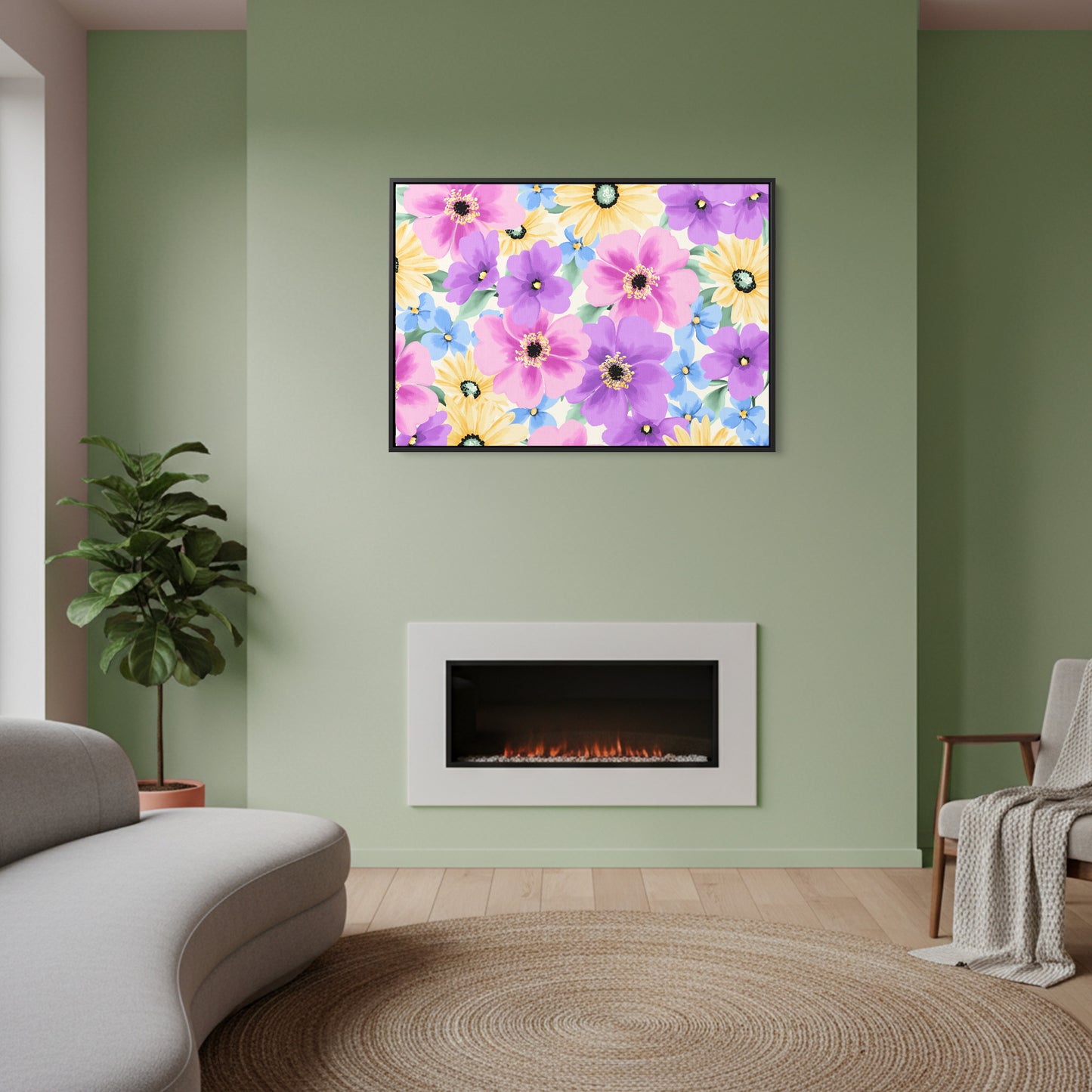 Sofia Lilac floral wall art in modern room setting - soft pastel decorative pattern with cheerful blooms for contemporary home decor