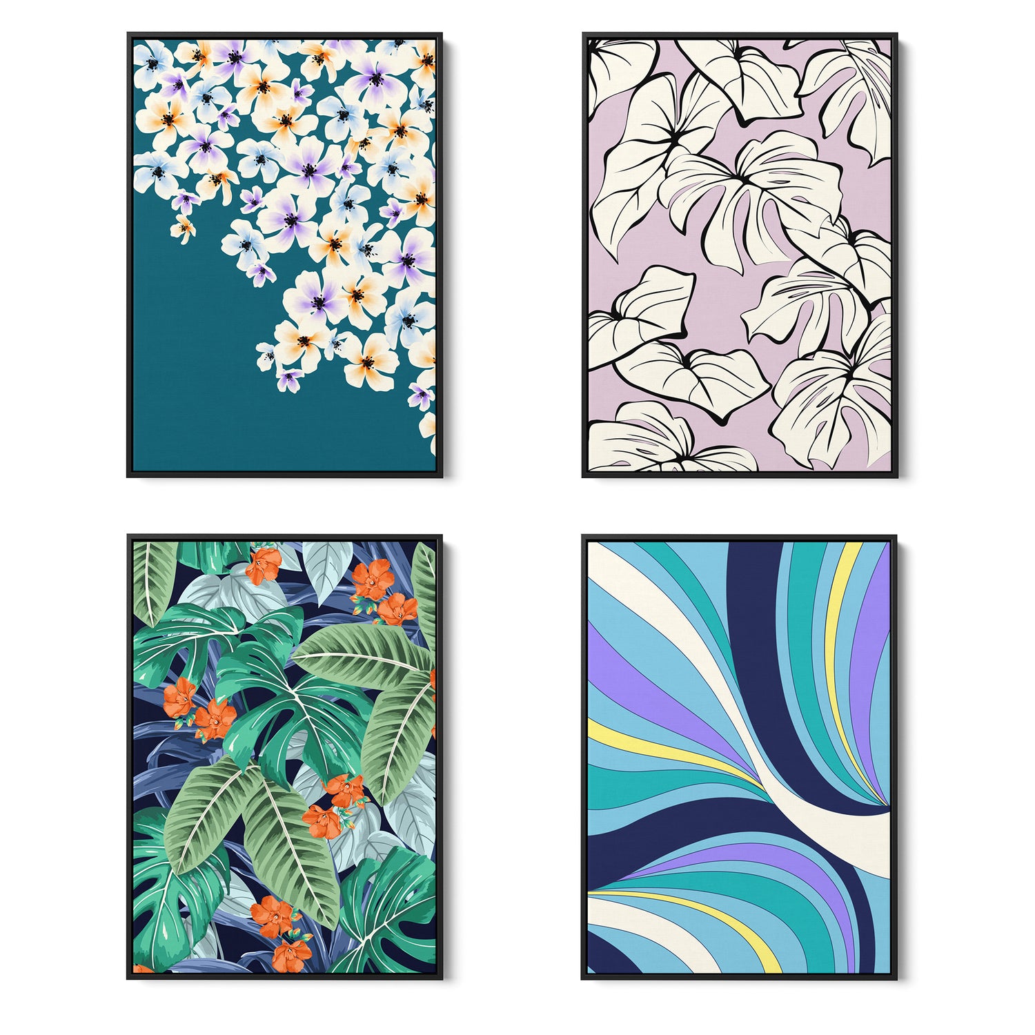 Four floral and abstract art prints on a white background