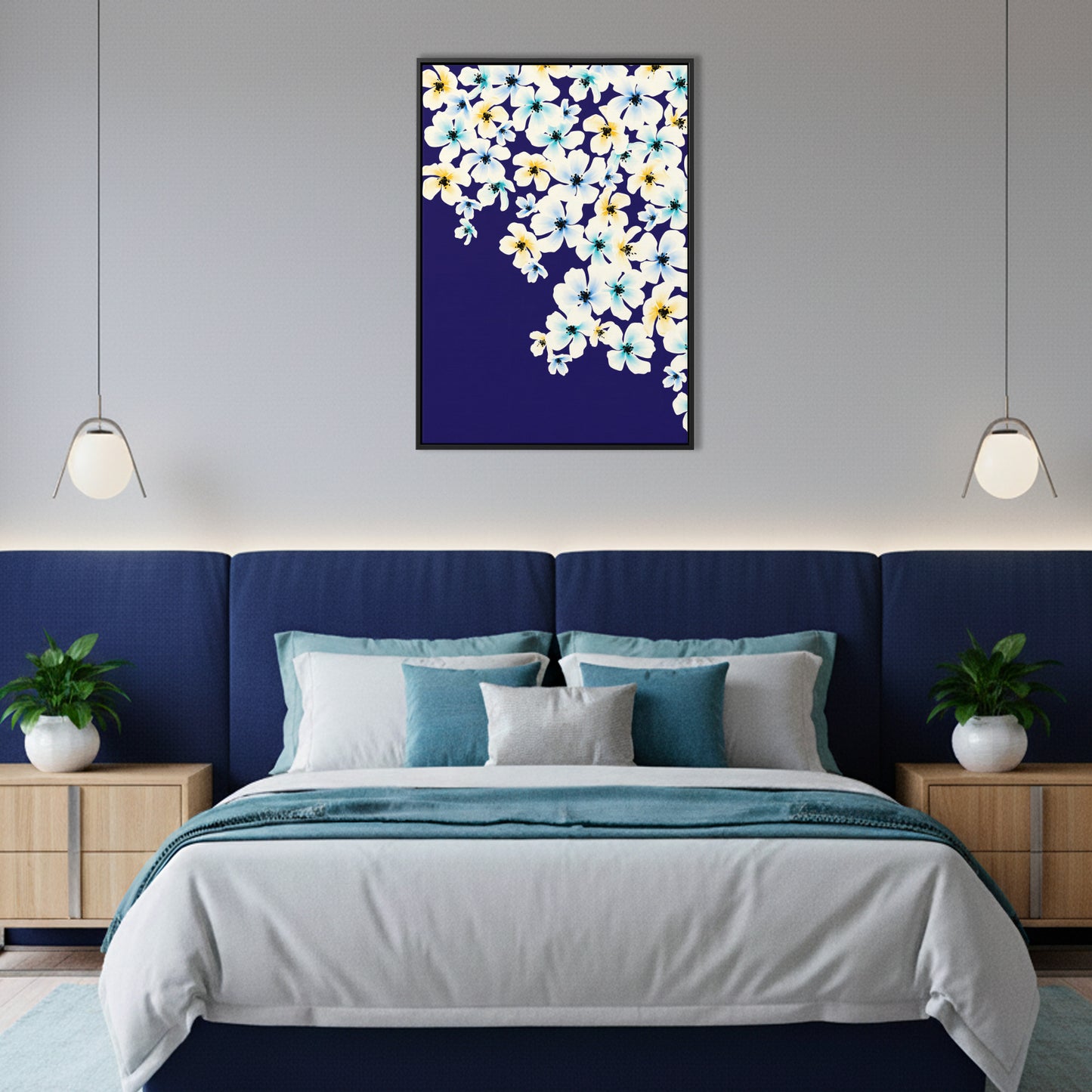 Blossom Blue floral wall art in modern room setting - dreamy watercolour blossom pattern creating soft botanical appeal for home decor