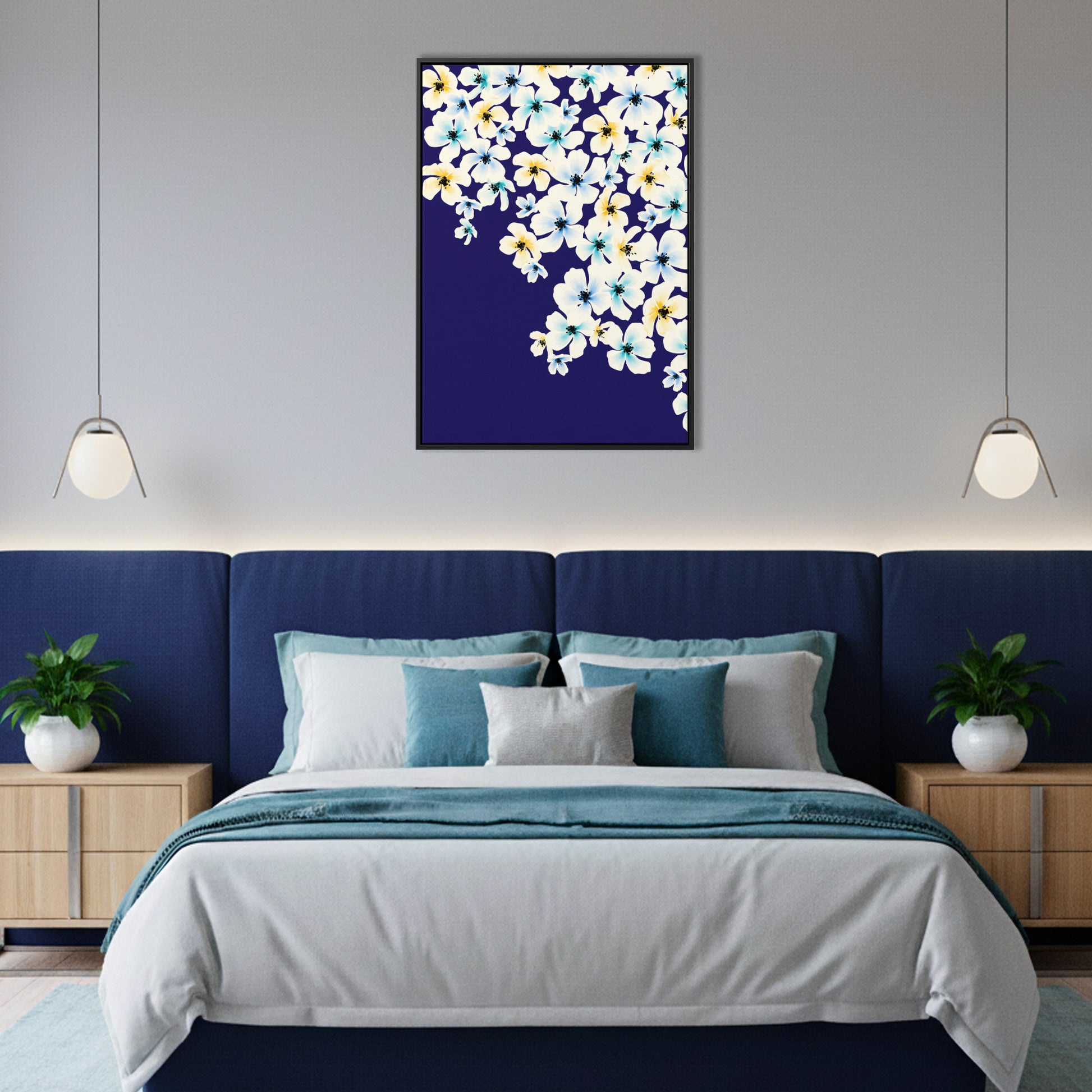 Blossom Blue floral wall art in modern room setting - dreamy watercolour blossom pattern creating soft botanical appeal for home decor