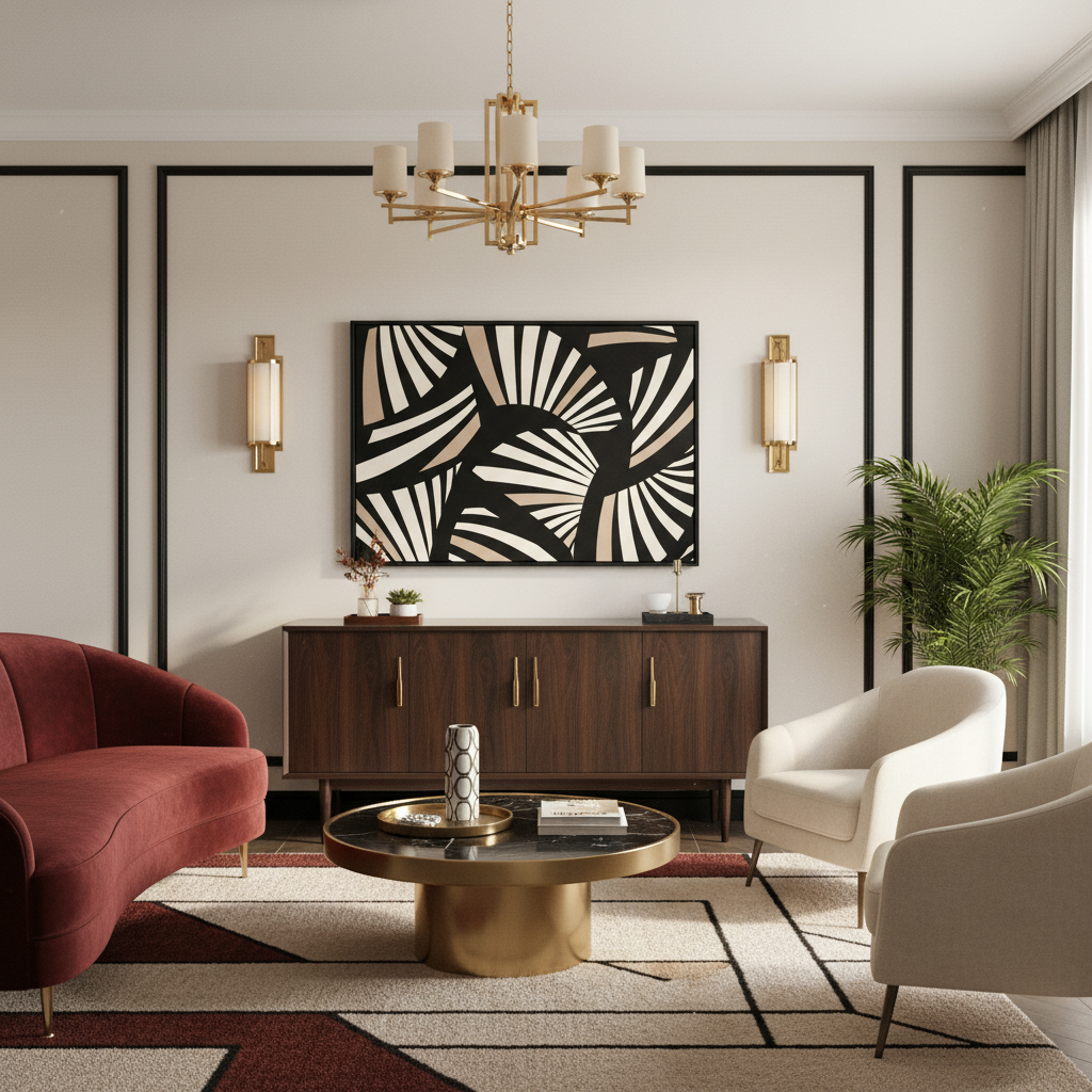 Modern living room with a chandelier, artwork, and large art deco framed wall art .