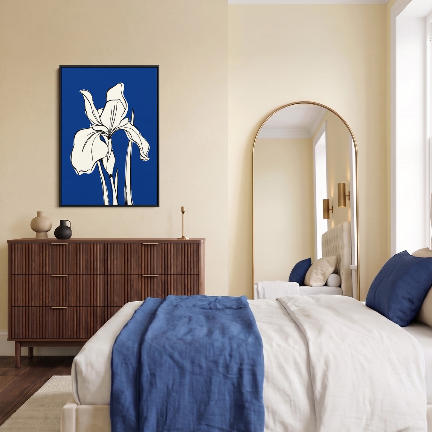 Bedroom with a dresser, mirror, and an Iris blue floral wall art on the wall.