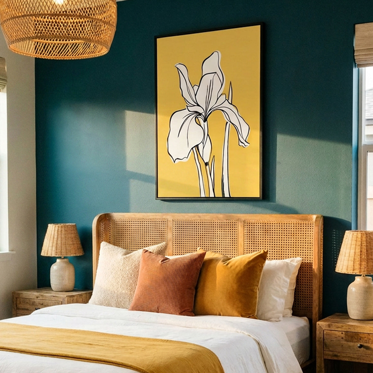 the Iris Yellow framed wall art print featuring a white iris flower on a mustard yellow background, displayed above a bed in a styled bedroom with a wooden cane headboard, matching lamps, and a dark teal wall.