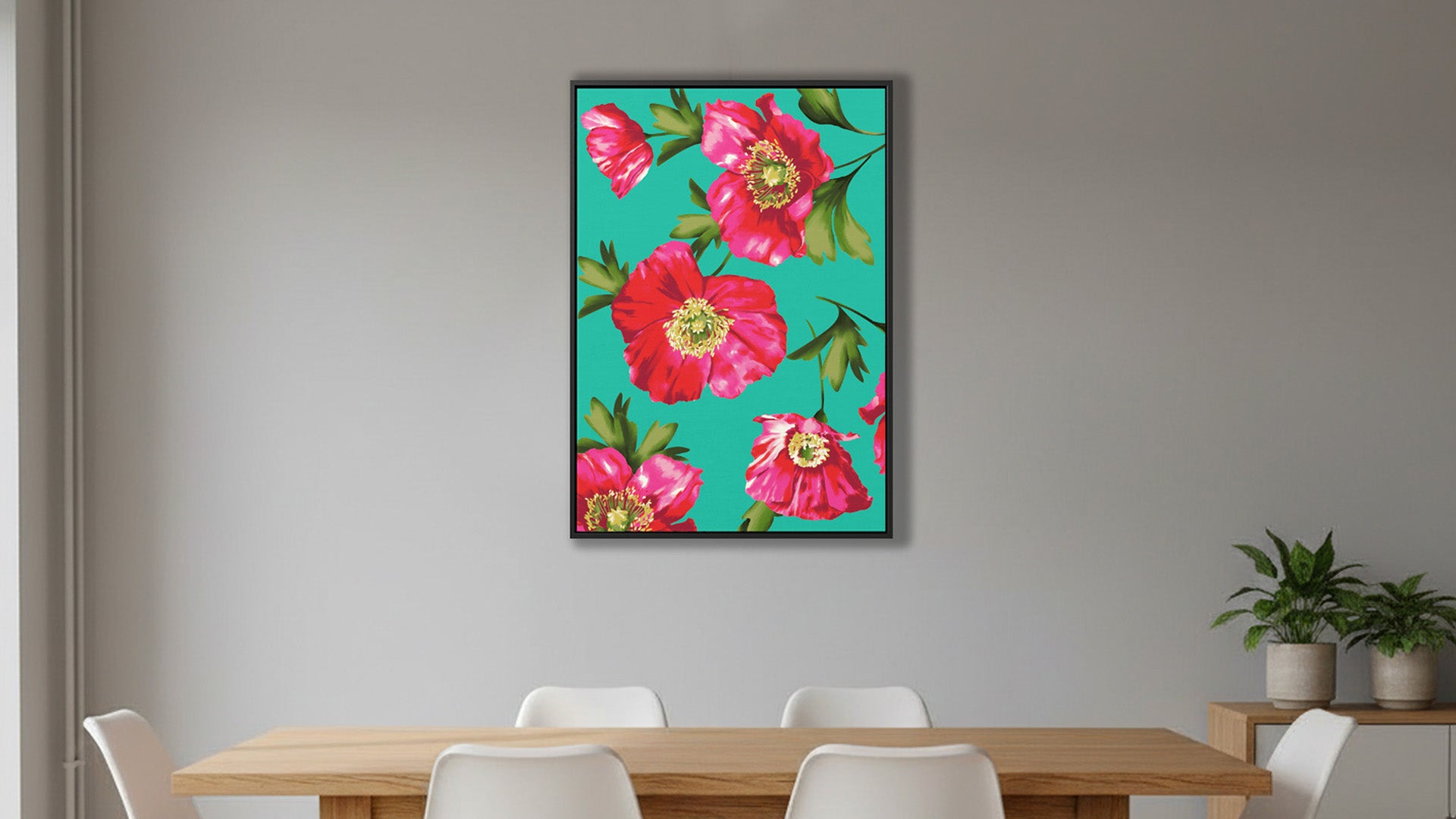 Isla turquoise Floral painting on a wall above a dining table with white chairs