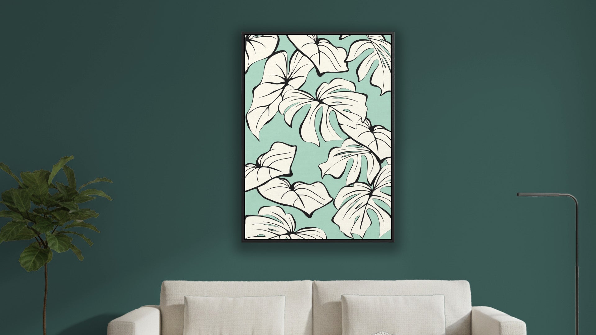 Kai floral artwork on a green wall above a white sofa