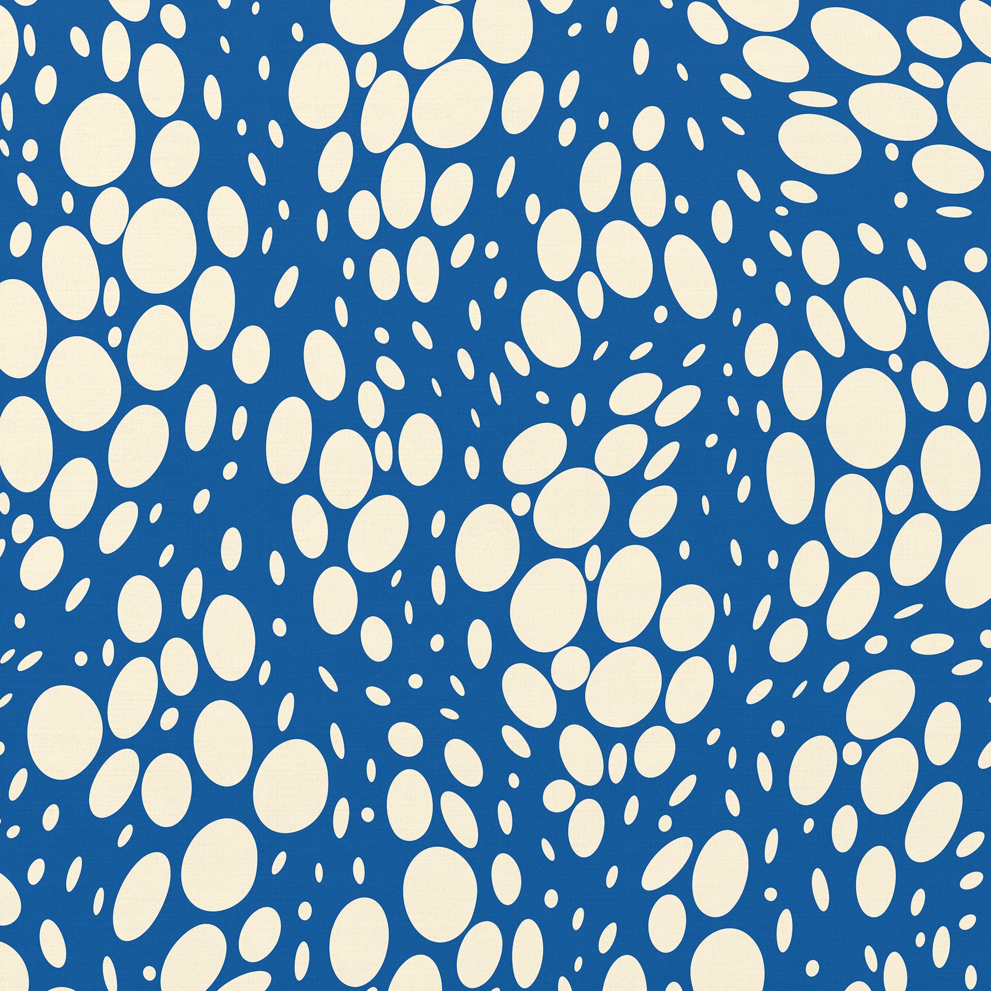 Detail view of Spots Blue framed abstract print - hundreds of varied-size white oval shapes creating texture on blue background