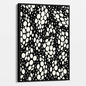 Spots black abstract wall art angled view showing frame depth - dynamic organic polka dot design with scattered cream spots