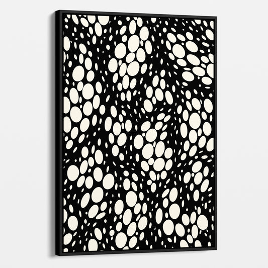 Spots black abstract wall art angled view showing frame depth - dynamic organic polka dot design with scattered cream spots
