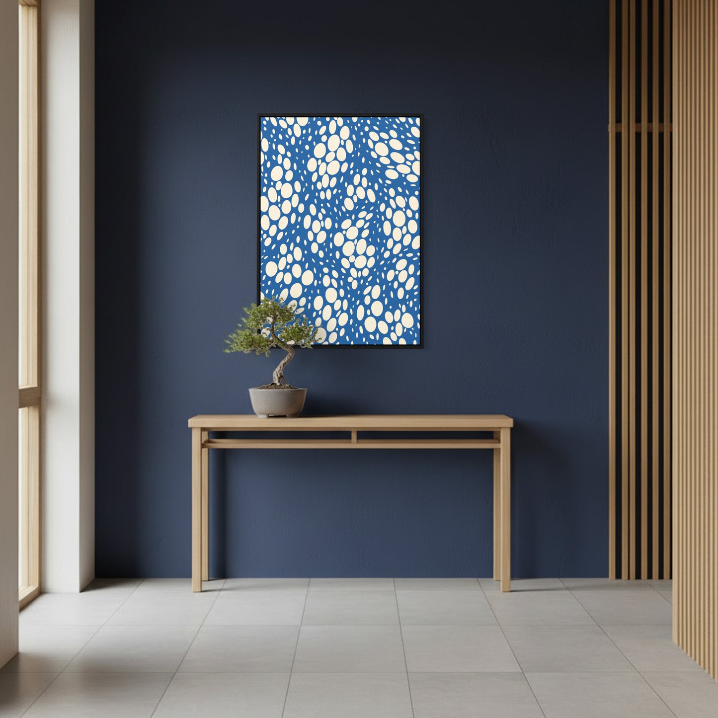 Modern interior with a Lauren blue abstract painting and a wooden table.