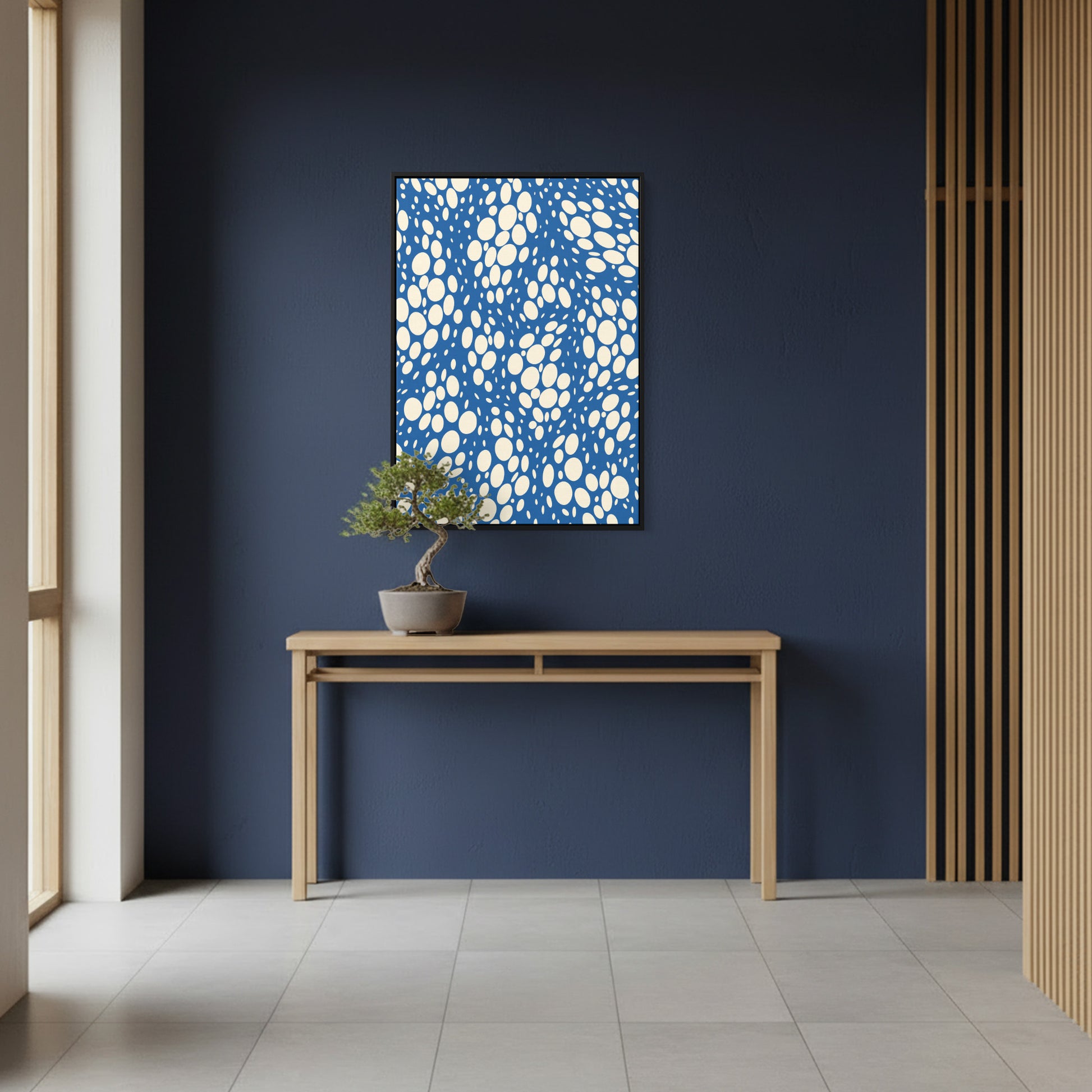 Modern interior with a Lauren blue abstract painting and a wooden table.
