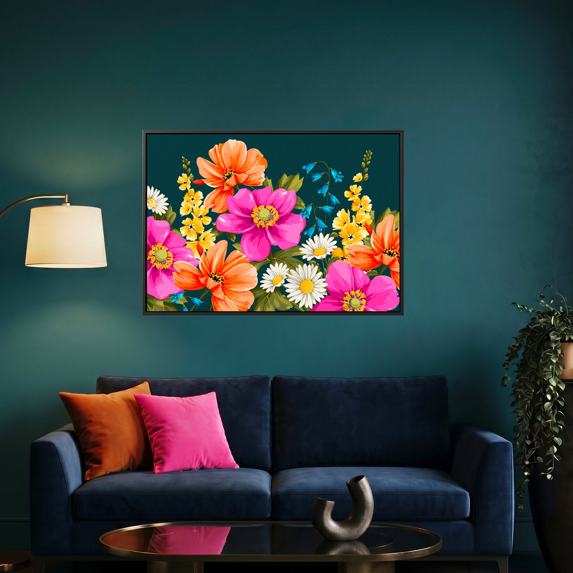 Meadow teal wall art painting on a dark green living room wall above a blue sofa with colourful cushions.