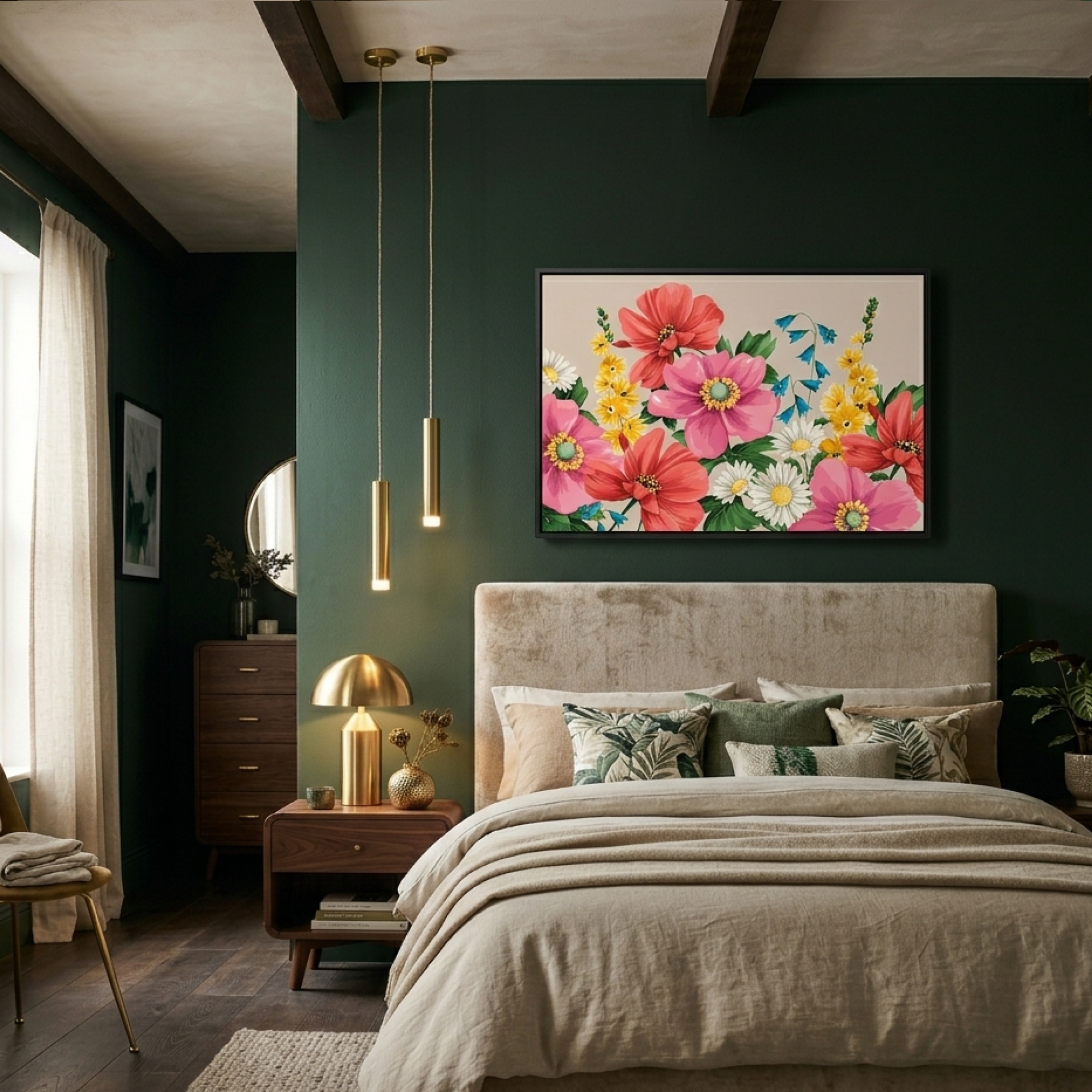 A styled bedroom interior with a large framed floral wall art "meadow oatmeal" piece hanging above a bed. The artwork features bold pink, red, yellow, and white flowers with green leaves on a light background.