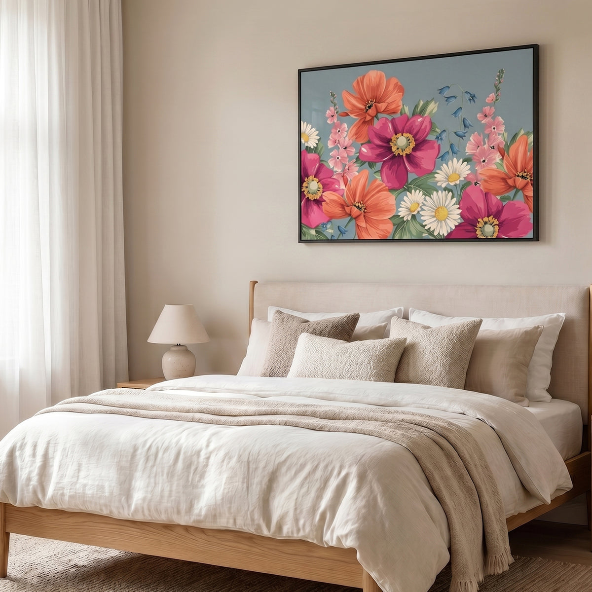 Meadow Smoky Blue black framed floral wall art print hangs above a neatly made bed in a softly lit bedroom. The artwork features large poppy-like flowers in coral, pink, purple, and white on a muted blue background