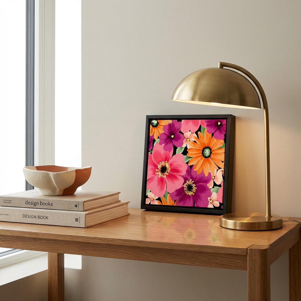 Framed Sofia Coral mini canvas print  sitting on desk on an home office 