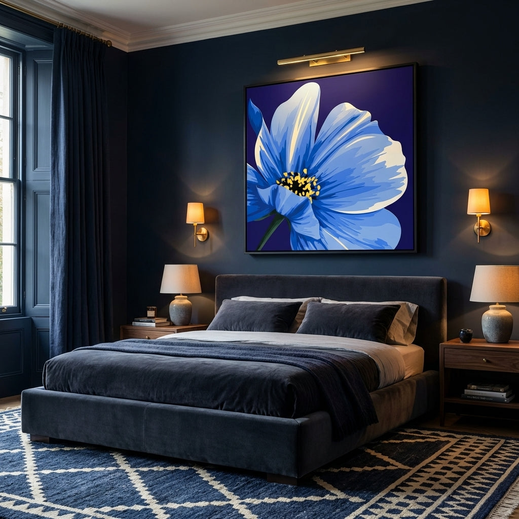 A large framed wall art "Maya Blue" print featuring the  vivid blue flower on a dark navy background, displayed above a bed in a modern, dark blue bedroom.