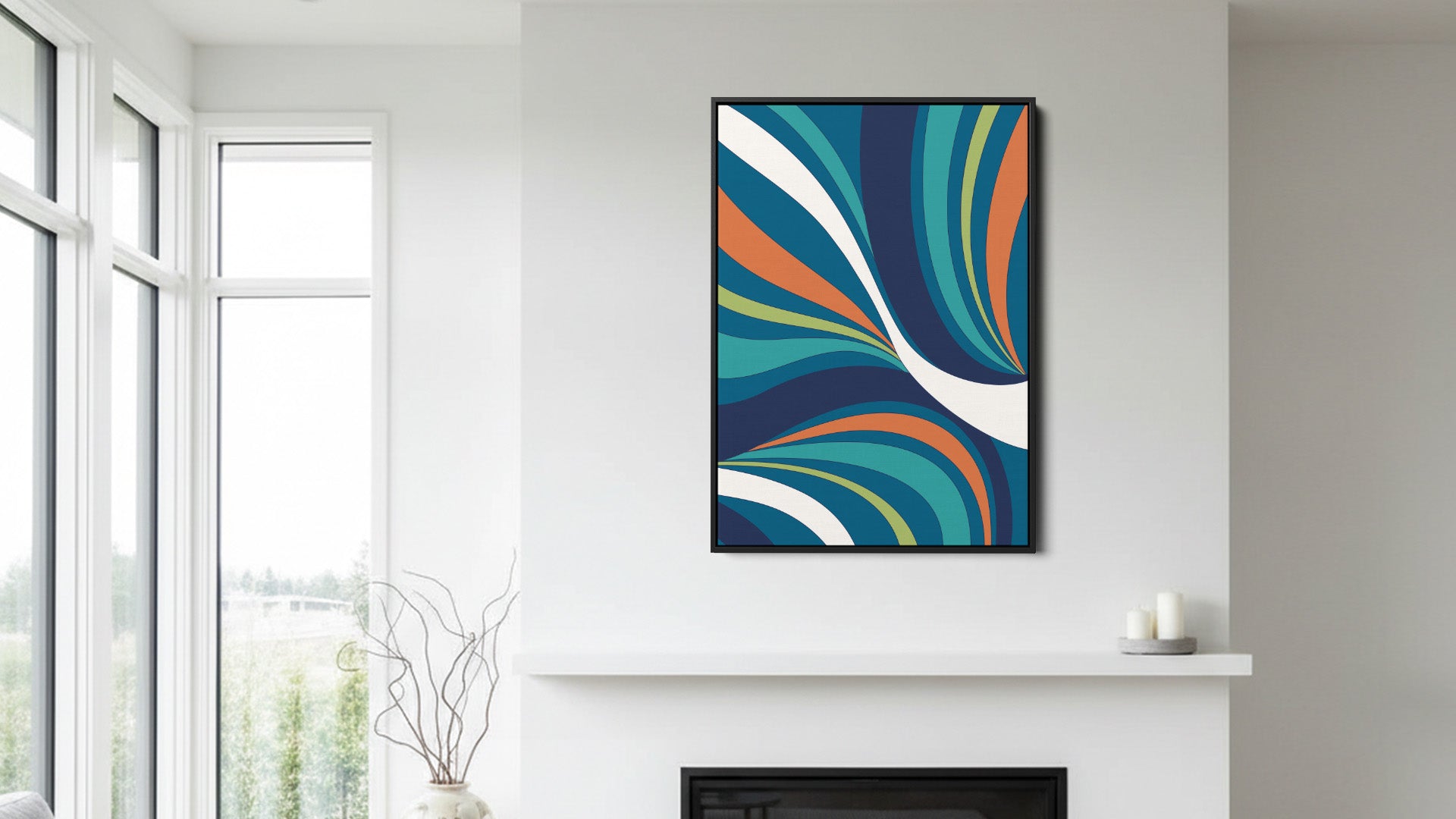 Abstract wave wall art in modern room setting - vibrant statement piece with retro-modern elegance for contemporary home decor