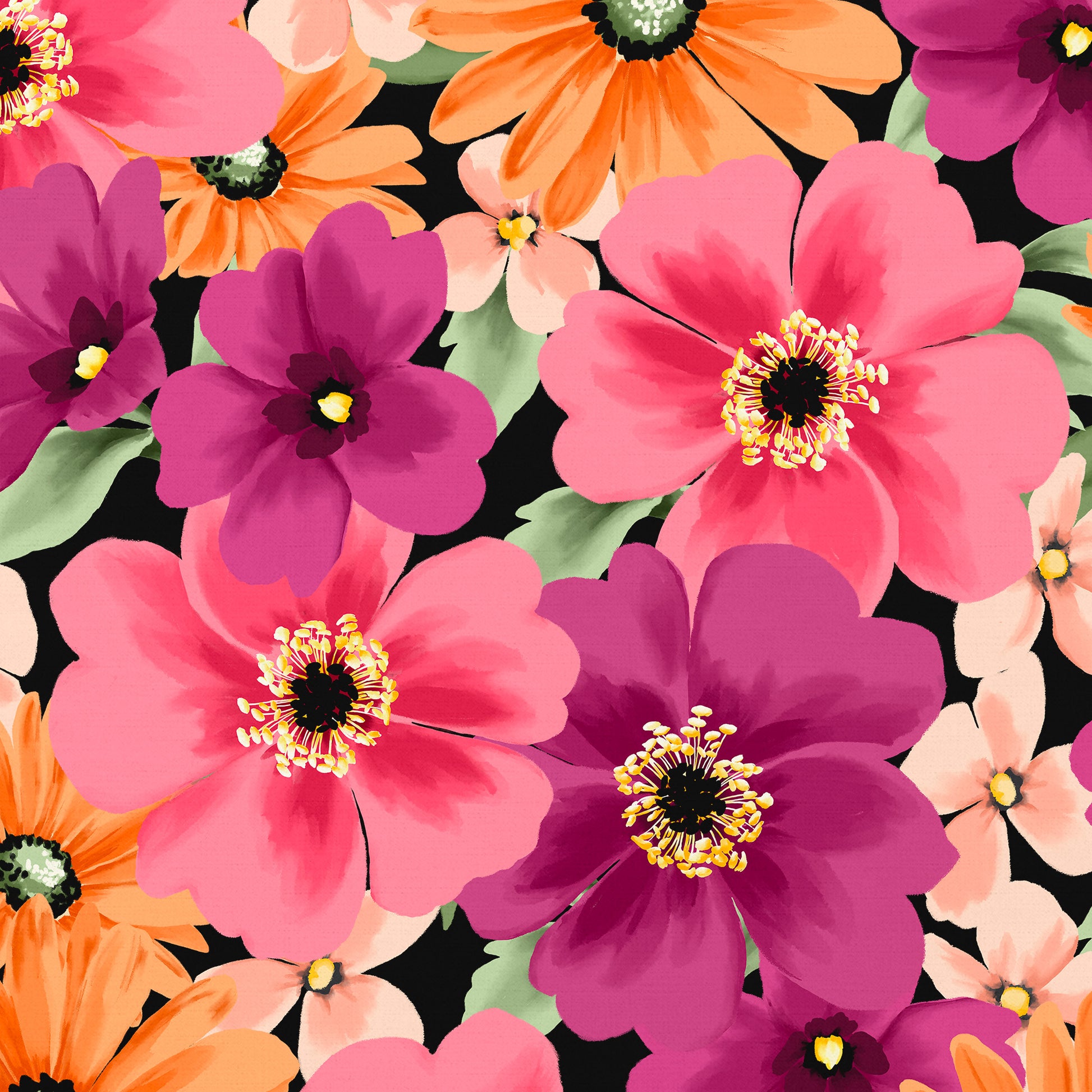 Close-up detail of Sofia Coral framed floral print - stylised coral and peach flowers with dark centres on black background