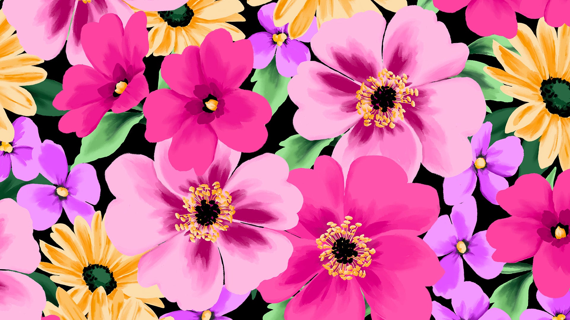 Close-up detail of Sofia Pink floral print - stylised flowers with dark centres and delicate petals on black background