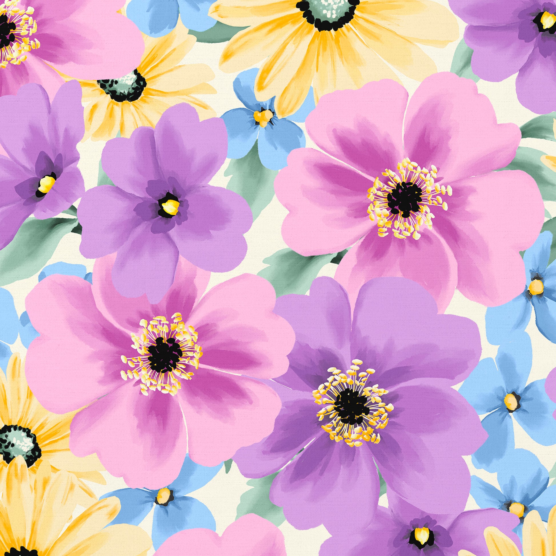 Close-up detail of Sofia Lilac floral print - stylised pastel flowers with dark centres and delicate petals on cream background