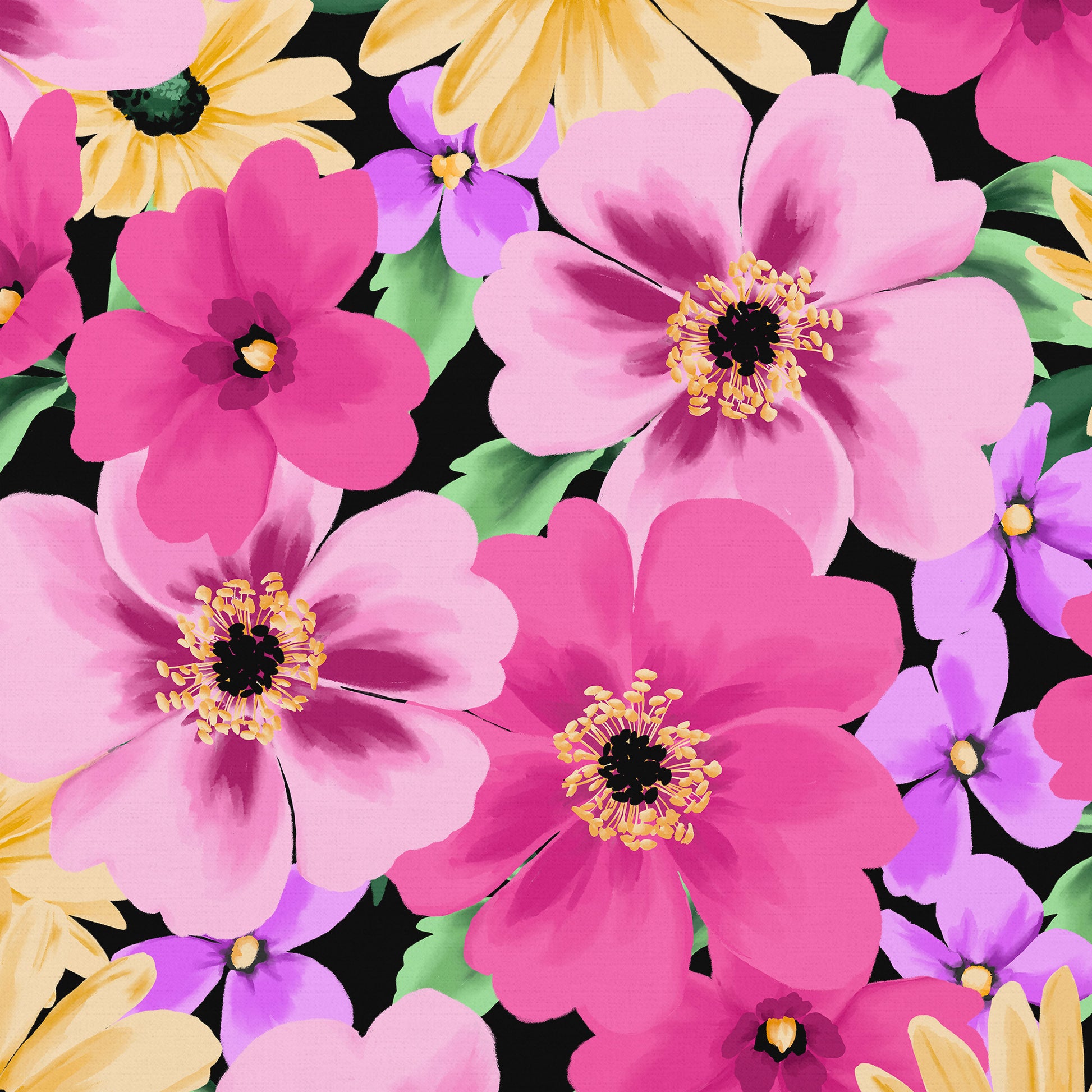 Close-up detail of Sofia Pink floral print - stylised flowers with dark centres and delicate petals on black background