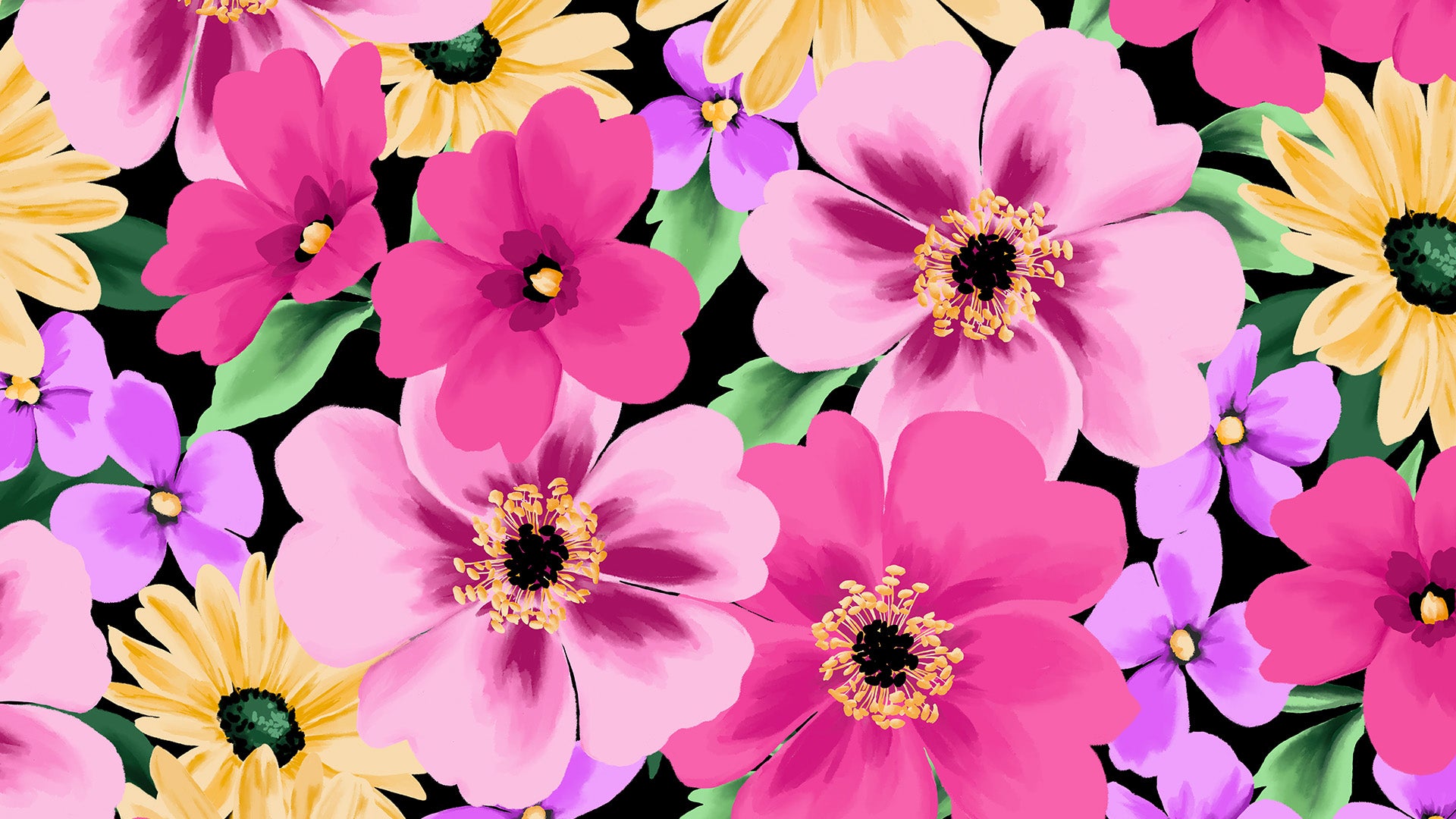 Colorful floral pattern with pink, yellow, and purple flowers on a black background