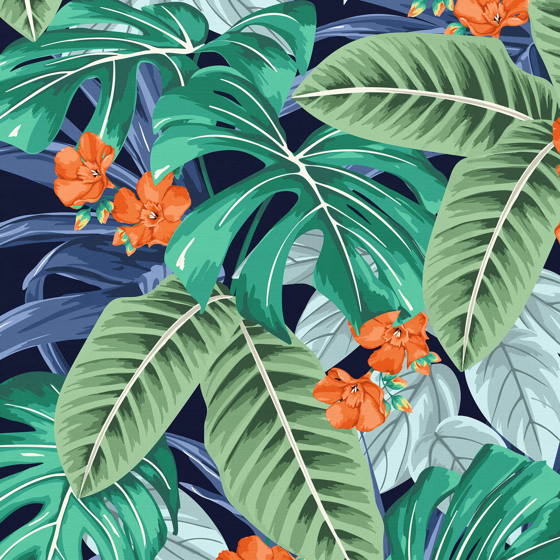 Close-up detail of Solana Orange tropical print - jungle foliage in green, blue and grey tones with striking orange flower
