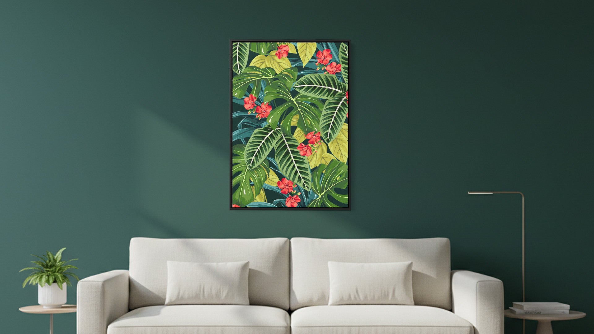 Solana Scarlet tropical wall art in modern room setting on a green wall above a white sofa.