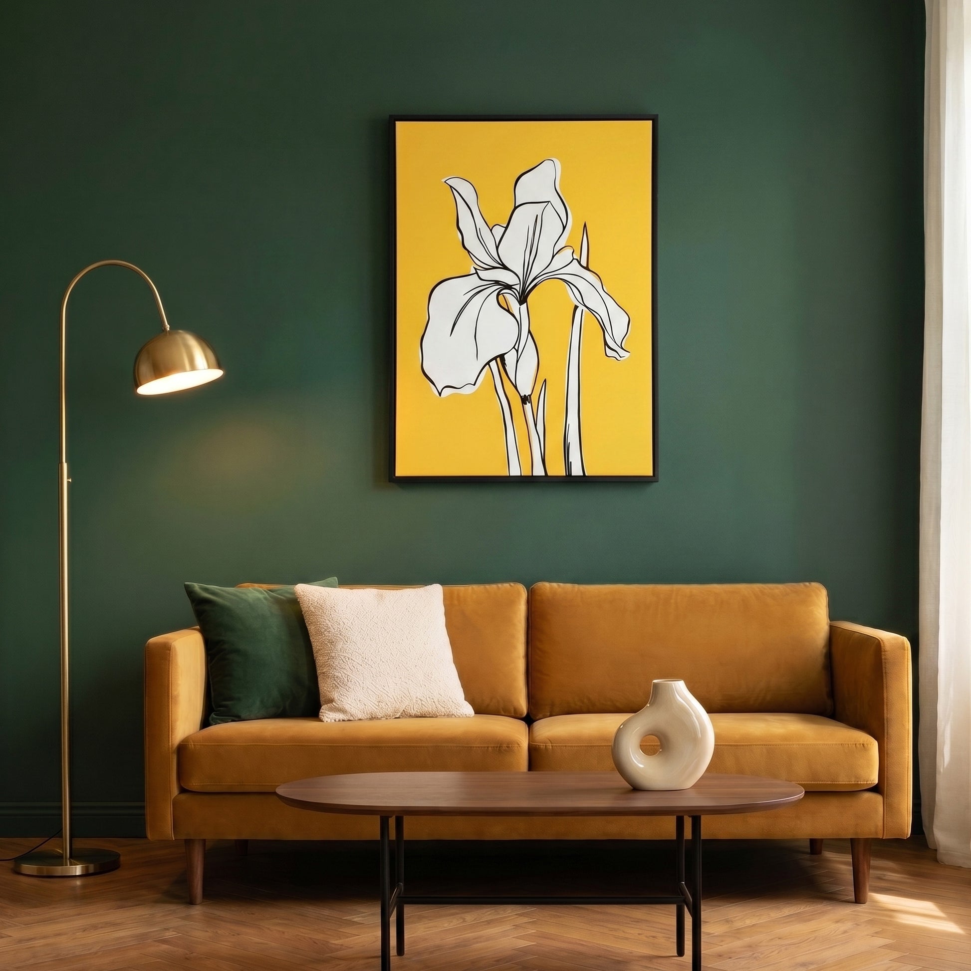 Living room with a mustard yellow sofa, decorative lamp, and Iris yellow canvas wall art on a green wall.